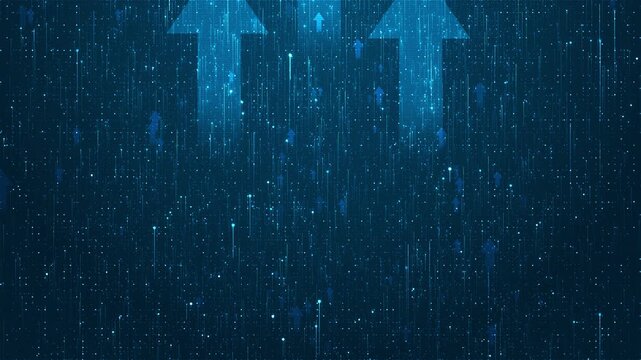 Dynamic animation moving arrow pointing upward combined with glowing light flare particles, for business growth visuals, success concepts, futuristic presentations, or digital progress themes.