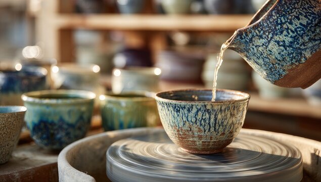 Pouring tea from a handcrafted ceramic pitcher into a bowl