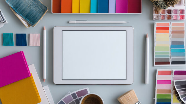 Creative Design Studio Flat Lay with Tablet and Blank Canvas Surrounded by Art Supplies and Color Swatches for Inspiration and Artwork