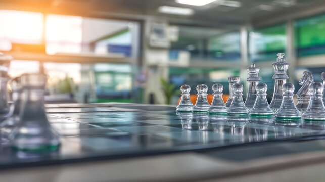 Clear Glass Chess Pieces Set on Board in Modern Office Environment