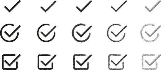 Collection of black checkmark icons in various styles, including plain, circular, and square outlines. Represents approval, completion, or confirmation. Simple and versatile design set.