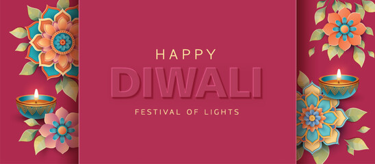 Diwali Rangoli Paper Cut Celebration. Happy Diwali Festival banner with Oil Lamp, Rangoli Decoration and volumetric text