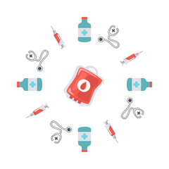 Medical syringe, stethoscope, medicine vial, and blood bag icons isolated on white background, clean healthcare illustration for hospital and clinic design.
