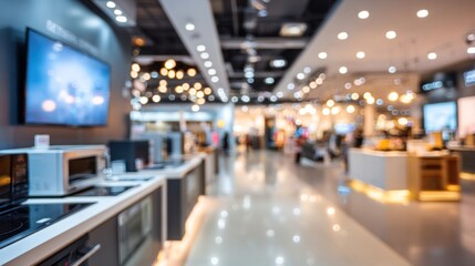 Defocused electronics section in department store, abstract blur with appliances and gadgets, soft bokeh, bright modern retail interior, large empty space for advertising or website content.