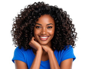 Smiling Black Woman with Curly Hair and Casual Outfit