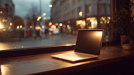 Modern Laptop on Wooden Table by Window with Street Scene and Soft Lighting, Representing Endpoint Security and Privacy Solutions for Business