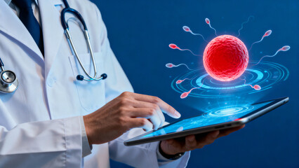 Ai for cancer detection in healthcare with doctor using tablet and futuristic interface