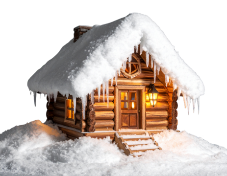 PNG of a rustic wooden house model, side view, covered with snow on