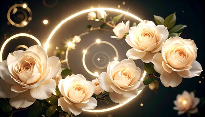 Elegant White Roses with Glowing Circle and Lights on Dark Background