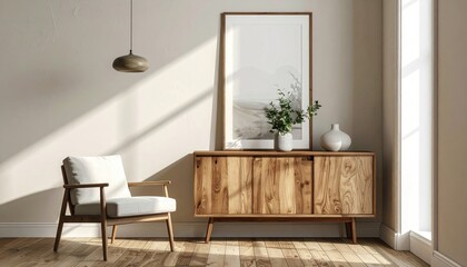 Beige minimalist room with wooden furniture