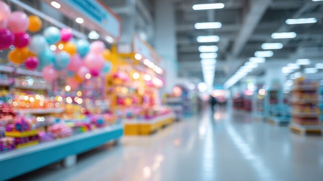 Defocused kids’ toy section in department store, abstract blur with colorful toy displays, soft bokeh, bright modern retail interior, large empty space for advertising or website content.
