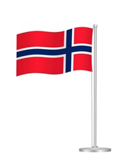 Fototapeta premium A small desk flag of Norway gently waving on a metallic stand against a white background