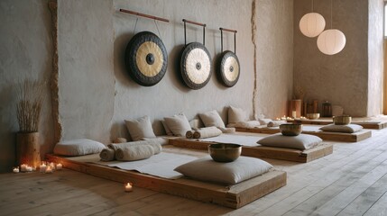 Tranquil meditation room with gongs and cushions in warm ambient light