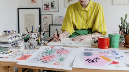 Creative artist in yellow shirt sketching abstract designs on paper at stylish home studio