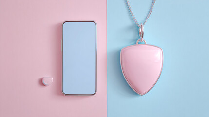 Fototapeta premium Minimalistic Layout Featuring a Smartphone and Shield Pendant in Pastel Colors on a Contrasting Background for Security and Technology Themes