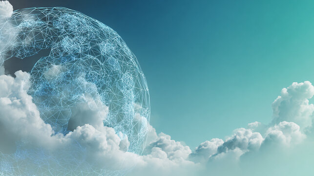 Abstract Representation of a Multi-Layered Cloud Mesh Globe with Soft Gradient Colors in a Digital Atmosphere