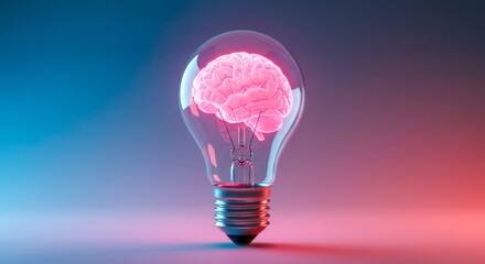Glowing Brain Inside Light Bulb on Split Blue and Pink Background
