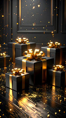 black presents gifts with golden bows black friday background