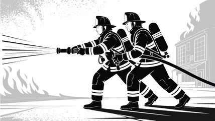 A black and white silhouette illustration of two firefighters in protective gear
