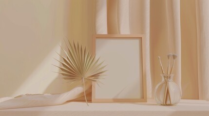 Minimalist Decor Scene with Empty Frame Dried Leaf and Cotton Swabs in Glass Vase in Soft Natural Light