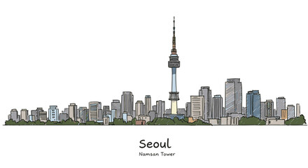 Obraz premium Seoul Skyline and N Seoul Tower A Cityscape Illustration
