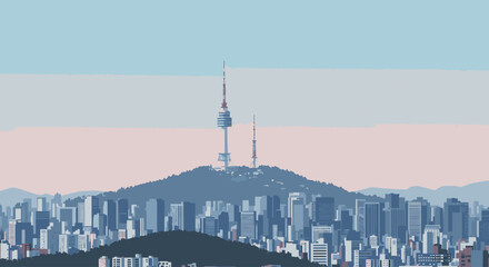 Obraz premium Pixelated Urban Vista Iconic Communication Tower Dominates a Retro Cityscape at Dusk