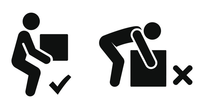 Correct and incorrect manual lifting technique icons showing safe and unsafe posture for lifting heavy objects