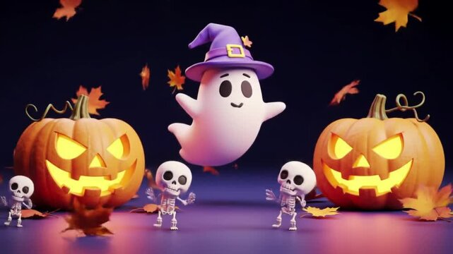 A cheerful ghost wearing a witch hat floats above two jack-o-lanterns and three dancing skeletons on a purple floor with autumn leaves scattered around on a dark