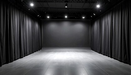 Empty Studio Room with Black Curtains and Lighting