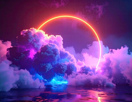 Neon circle framed by vibrant clouds over water