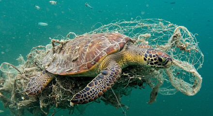 Naklejka premium Turtle Trapped in Plastic