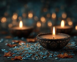 Shiny festive banner featuring oil lamps for Diwali Festival decoration with warm glowing ambiance