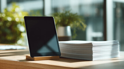 Minimalist Workspace Featuring a Tablet on a Stand Beside a Neat Stack of Papers Against a Softly Lit Background