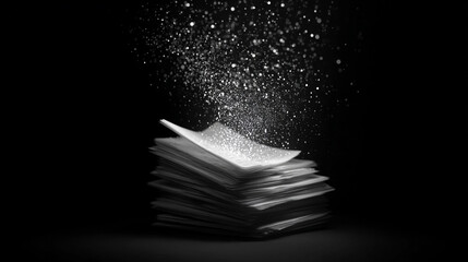Stack of Unlabeled Documents with Particles Floating Above in a Dark Background for Artistic and Professional Themes