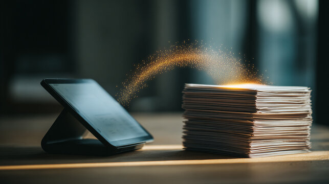 Digital Tablet on Stand with Stack of Paper and Gentle Particle Arc in Soft Focus Background