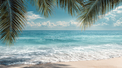 Serene Tropical Beach Scene Framed by Elegant Palm Fronds Under Clean Blue Sky with Gentle Waves Lapping the Sandy Shoreline