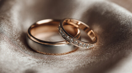 Elegant Close-Up of Two Wedding Rings on Soft Satin Fabric with Gentle Bokeh Effect for Romantic Celebrations and Moments