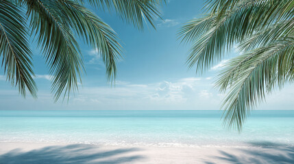 Tranquil Tropical Beach Scene Framed by Lush Palm Fronds Under a Clear Blue Sky with Gentle Waves Lapping Against the Shoreline