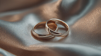 Elegant Display of Two Wedding Rings on Soft Satin Fabric with Gentle Bokeh Effect for Romantic and Wedding-Themed Visuals