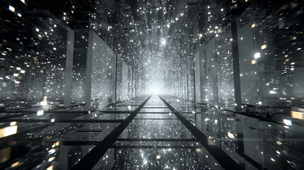 Surreal Perspective of a Vanishing Point in a Futuristic Aisle with Floating Particles and a Prism Core Illuminating the Pathway