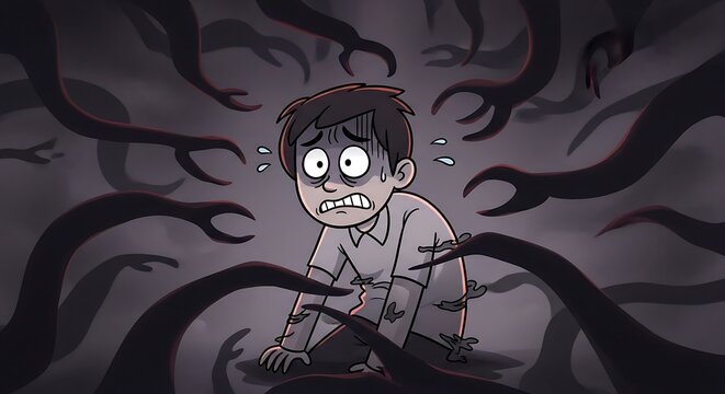 Scared boy in dark place.