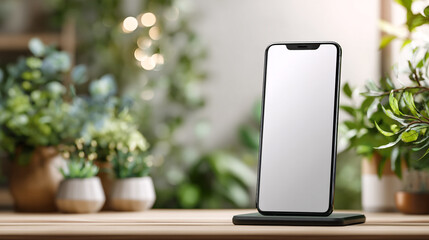 Vertical Orientation Mobile Phone on Wireless Charger with Blank Screen Surrounded by Lush Greenery and Soft Natural Light