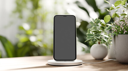 Vertical Smartphone Mockup on Wireless Charger with Soft Lighting and Indoor Plants for Modern Tech and Lifestyle Photography