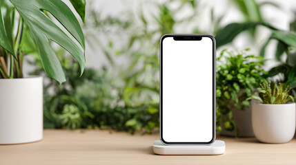 Modern Minimalist Vertical Phone Displayed on Wireless Charger Surrounded by Lush Greenery and Elegant Pots in Bright Natural Light
