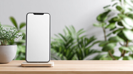 Modern Vertical Smartphone Mockup on a Wireless Charger in a Tidy Green Space with Plants in the Background