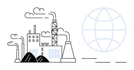 Factory with chimneys releasing smoke symbolizes industrial activity and pollution alongside a faint globe outline. Ideal for themes thumbs up climate change, sustainability, industry, environment