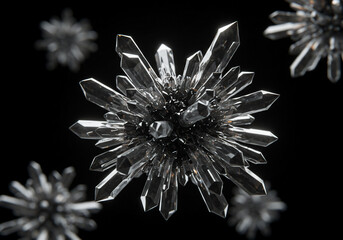 A cluster of sharp, silver crystals radiating outwards against a dark background, creating a futuristic, abstract, and geometric composition.