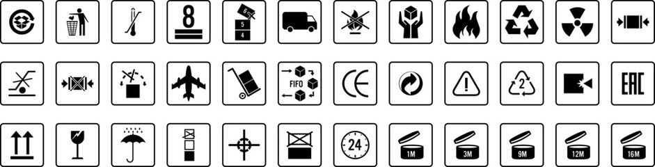 Minimal vector icon set of cardboard packaging, including boxes, parcels, cartons, shipping containers, and delivery symbols. Perfect for logistics, e-commerce, courier services, packaging design, and