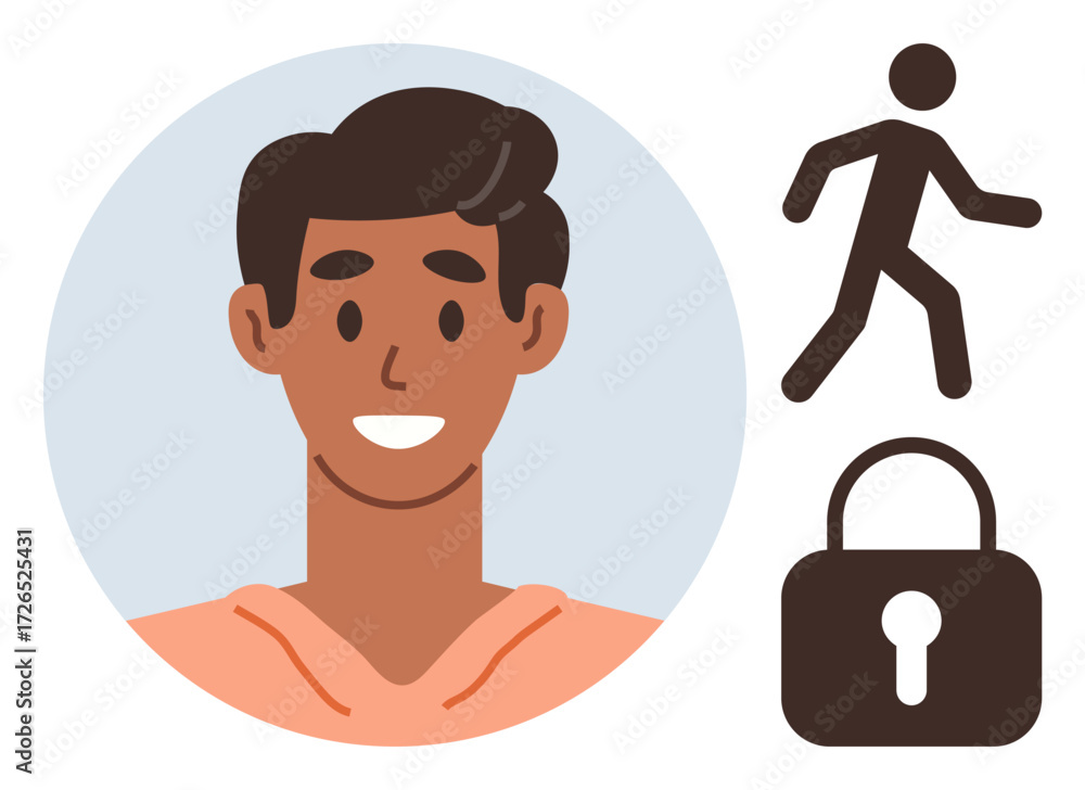 Aufkleber cheerful face with walking person and lock symbol illustrating security, access control, personal pr