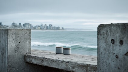 Two gray ceramic mugs on a weathered concrete bench overlooking a stormy ocean and city skyline